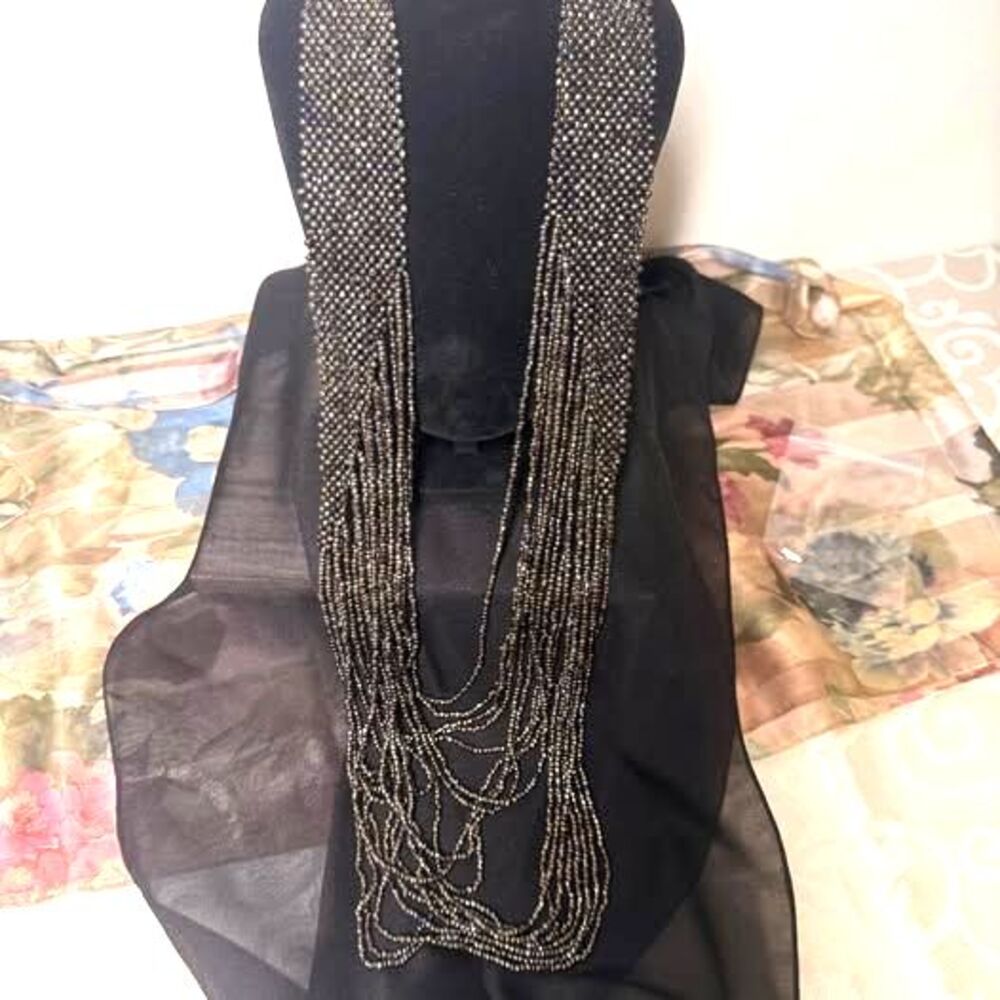 Vintage Multi Strand Beaded Statement Necklace Iridescent Wide Collar Costume
